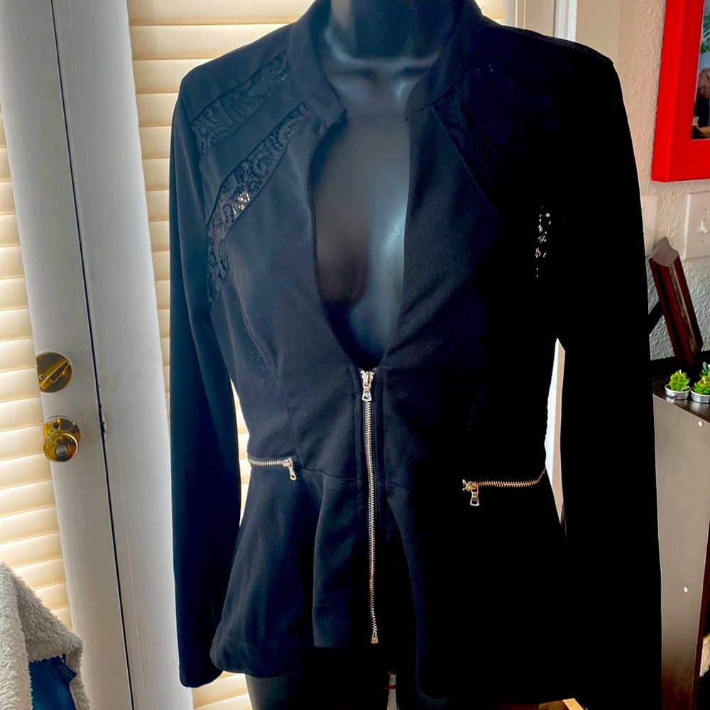 Why’re Eyelash high low black lacy jacket with exposed zipper XL